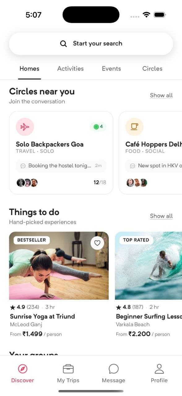 Outly app showing Circles near you and hand-picked things to do