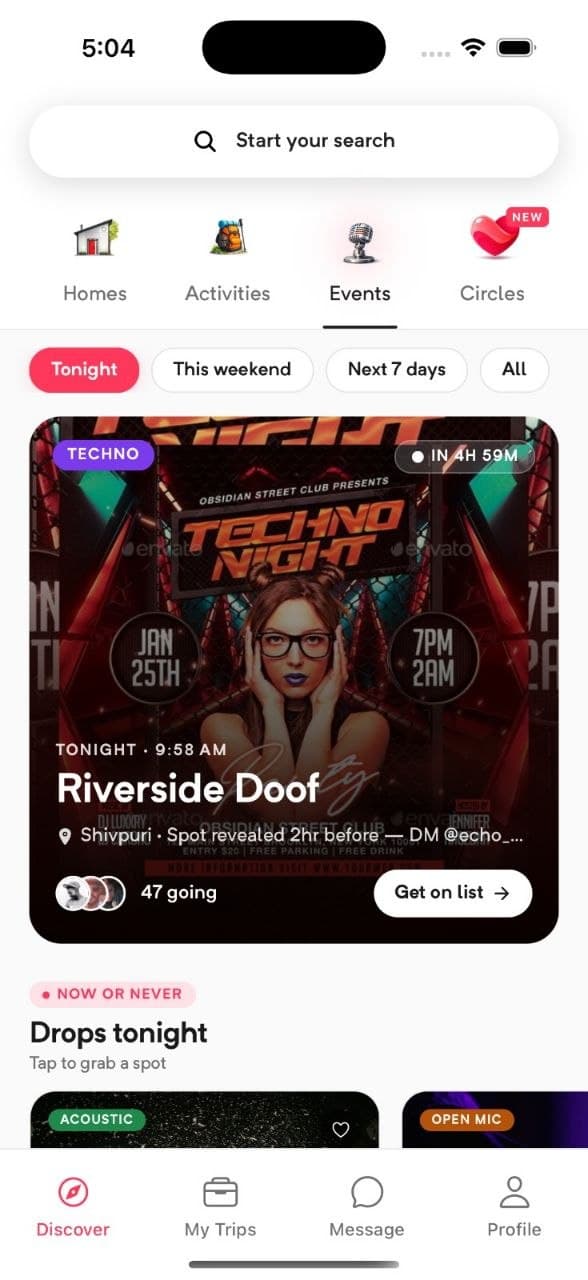 Outly app showing the Events tab with a techno night tonight